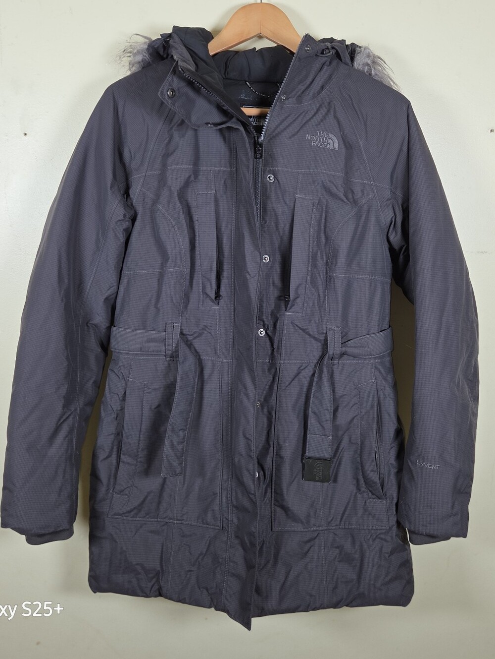 The North Face Womens M HyVent Goose Down Parka Jacket Faux Fur Hood Charcoal